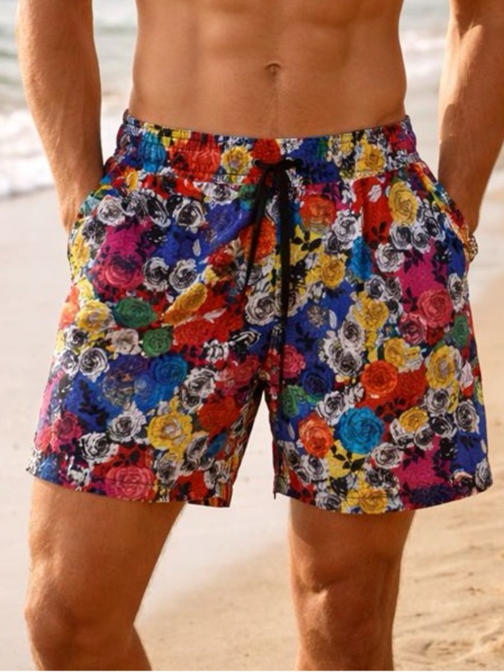 90s Fresh Prince of Bel Air Retro Multicolor Rose Print Men's Swim Trunks Beachy